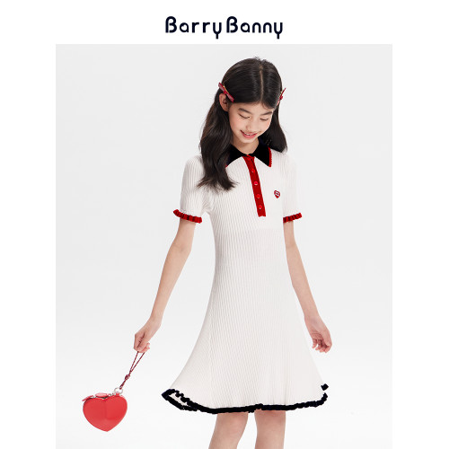 BarryBanny女童波浪紋冰絲連衣裙夏季新款中大童俏皮針織POLO裙
