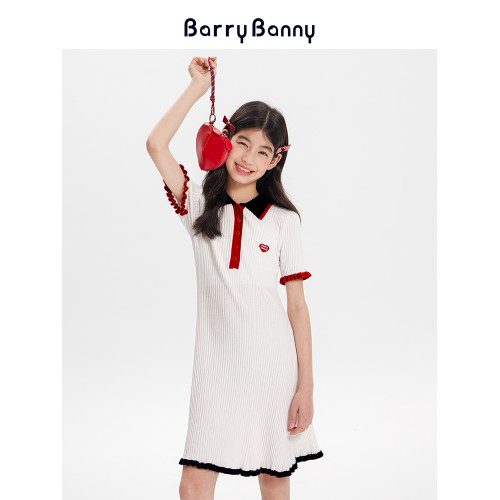 BarryBanny女童波浪紋冰絲連衣裙夏季新款中大童俏皮針織POLO裙