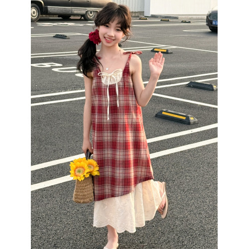 女童連衣裙2025新款夏季拼接兒童洋氣格子吊帶裙女孩夏裝背心裙子