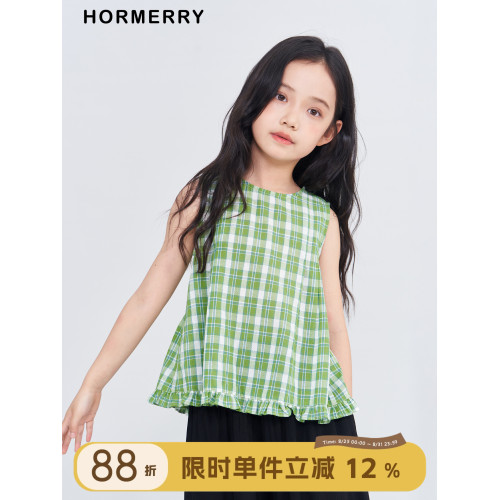 赫米童裝 2025夏季新款木耳邊無袖娃娃衫中大童女童日系格子襯衫
