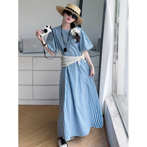 女童夏季格子連衣裙2025新款洋氣女大童簡約休閒風長裙夏款襯衫裙