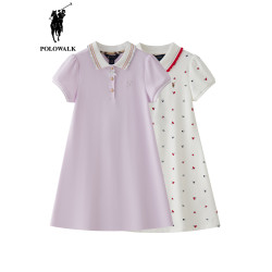 POLOWALK女童連衣裙子公主短袖2025夏新款紫色兒童裝翻領中長裙