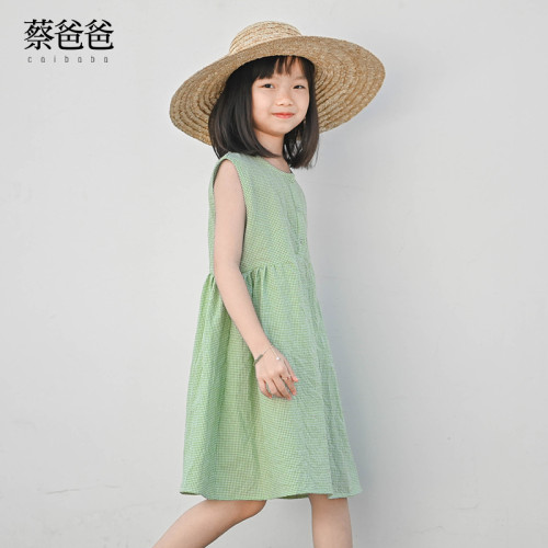 蔡爸爸童裝 2025新款綠色裙子 夏裝 格子裙 女童裝 薄款連衣裙378
