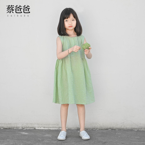 蔡爸爸童裝 2025新款綠色裙子 夏裝 格子裙 女童裝 薄款連衣裙378
