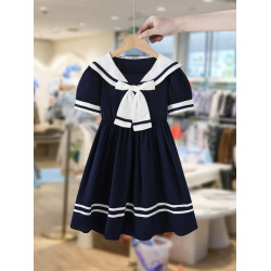 女童連衣裙夏款2025新款學院風兒童洋氣夏裝女孩蝴蝶結海軍領裙子