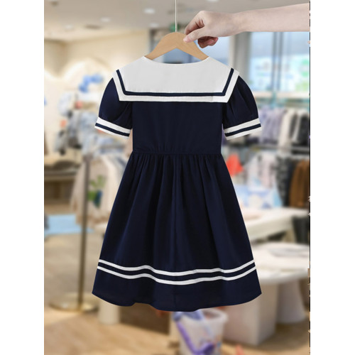 女童連衣裙夏款2025新款學院風兒童洋氣夏裝女孩蝴蝶結海軍領裙子
