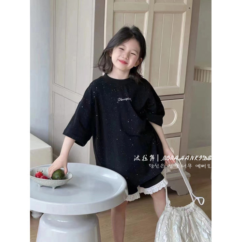 波拉韓女童寬松短袖T恤2025夏季兒童休閒洋氣上衣小女孩套頭半袖t
