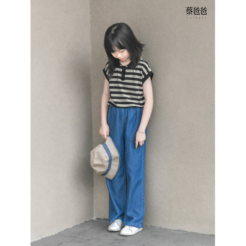 蔡爸爸童裝 新款夏裝大童女孩黑白翻領小背心女童條紋上衣086+125