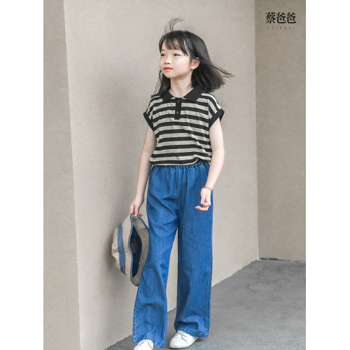 蔡爸爸童裝 新款夏裝大童女孩黑白翻領小背心女童條紋上衣086+125