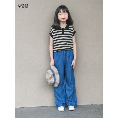 蔡爸爸童裝 新款夏裝大童女孩黑白翻領小背心女童條紋上衣086+125