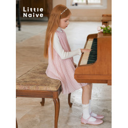 LittleNaive兒童春夏連衣裙無袖壓褶粉色裙子女童閃閃高級背心裙