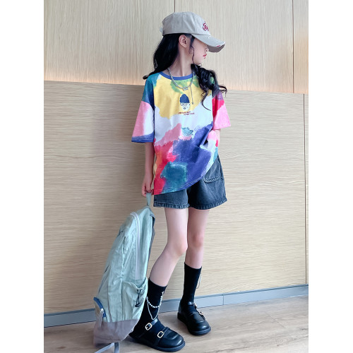 英國Next Kiss女童短袖t恤2025夏季新款純棉大童女孩半袖塗鴉上衣