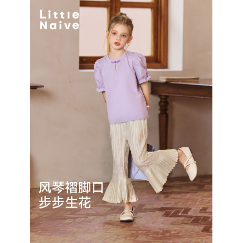 Little Naive女童休閒褲春夏新款皺感肌理直筒褲子兒童壓褶喇叭褲