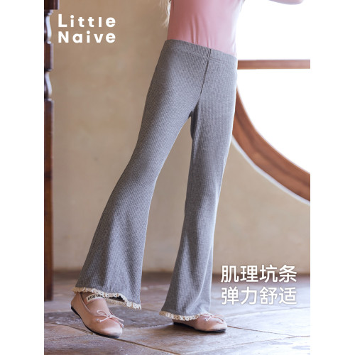 Little Naive女童休閒褲春夏薄款微喇針織長褲兒童彈力花邊喇叭褲
