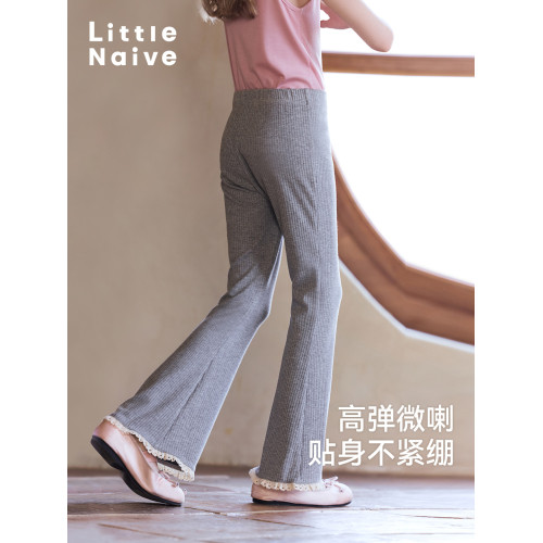 Little Naive女童休閒褲春夏薄款微喇針織長褲兒童彈力花邊喇叭褲