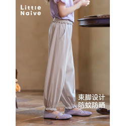 Little Naive女童休閒褲春夏新款木耳邊防蚊褲兒童寬松運動束腳褲