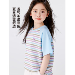 左西女童短袖T恤兒童冰淇淋條紋T2025新款女孩夏季超好看上衣半袖