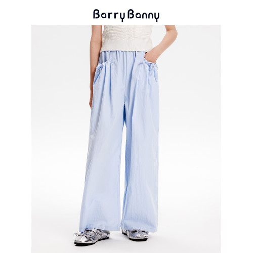 BarryBanny女童淺色濶腿褲2025夏季新款兒童蝴蝶結直筒褲休閒褲子