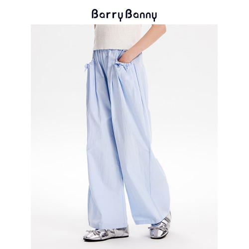BarryBanny女童淺色濶腿褲2025夏季新款兒童蝴蝶結直筒褲休閒褲子