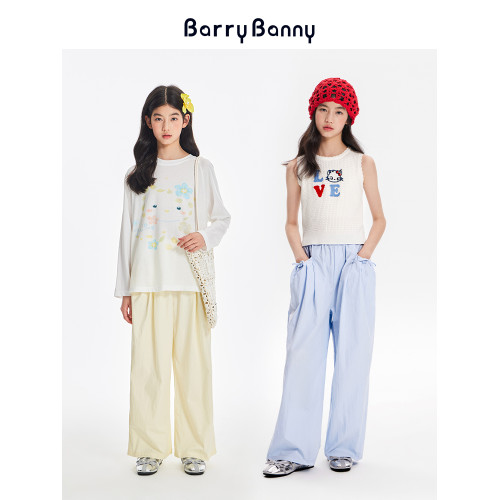 BarryBanny女童淺色濶腿褲2025夏季新款兒童蝴蝶結直筒褲休閒褲子