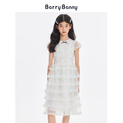 BarryBanny女童蕾絲連衣裙夏季新款兒童禮服裙輕盈網紗圓領公主裙