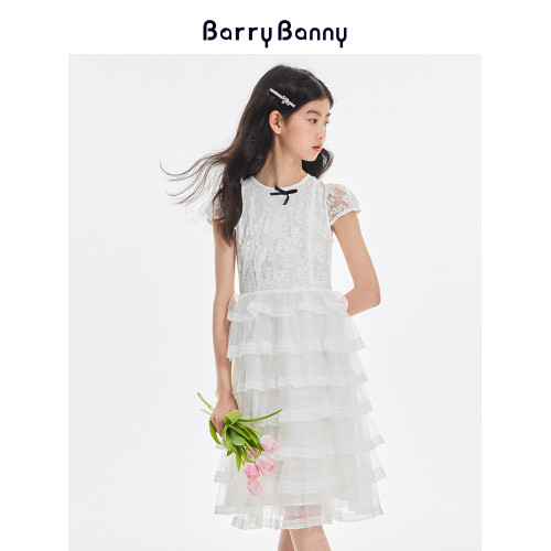 BarryBanny女童蕾絲連衣裙夏季新款兒童禮服裙輕盈網紗圓領公主裙