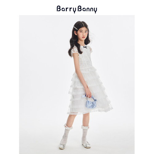BarryBanny女童蕾絲連衣裙夏季新款兒童禮服裙輕盈網紗圓領公主裙
