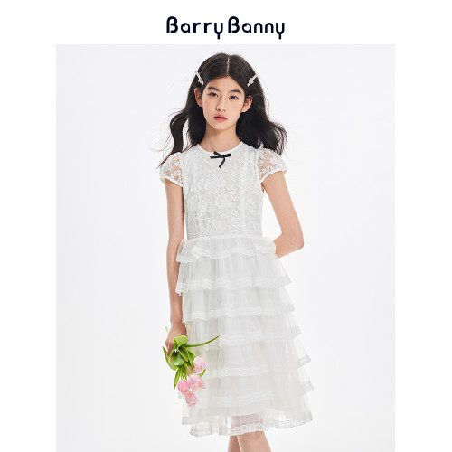 BarryBanny女童蕾絲連衣裙夏季新款兒童禮服裙輕盈網紗圓領公主裙