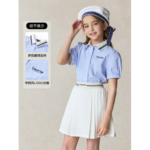 【100%棉】eland kids衣戀童裝女童襯衫2025年夏新品刺綉翻領短袖