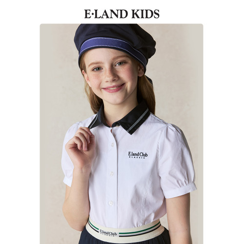 【100%棉】eland kids衣戀童裝女童襯衫2025年夏新品刺綉翻領短袖