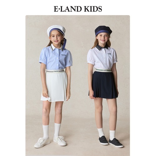 【100%棉】eland kids衣戀童裝女童襯衫2025年夏新品刺綉翻領短袖