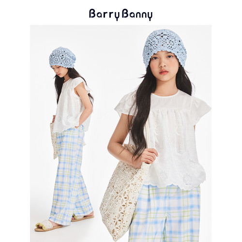 BarryBanny女童蕾絲短袖2025夏季新款小飛袖T恤兒童洋氣上衣薄款