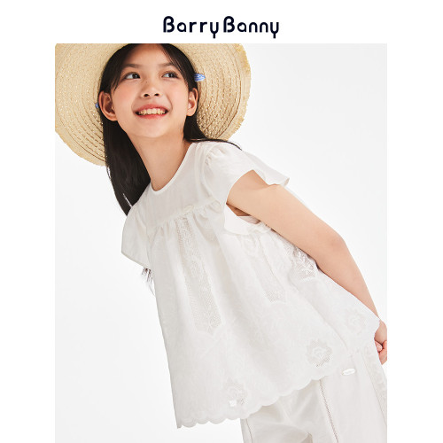 BarryBanny女童蕾絲短袖2025夏季新款小飛袖T恤兒童洋氣上衣薄款