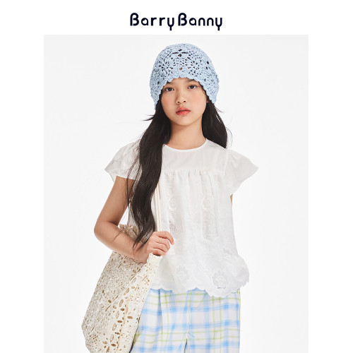 BarryBanny女童蕾絲短袖2025夏季新款小飛袖T恤兒童洋氣上衣薄款