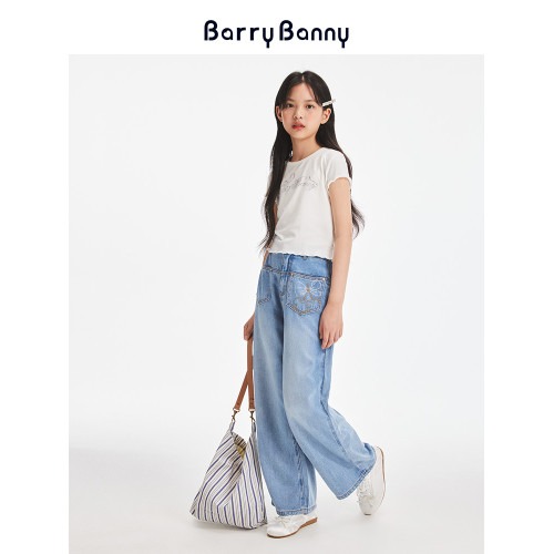 BarryBanny女童萊賽爾天絲牛仔褲2025秋季兒童垂感濶腿褲直筒褲