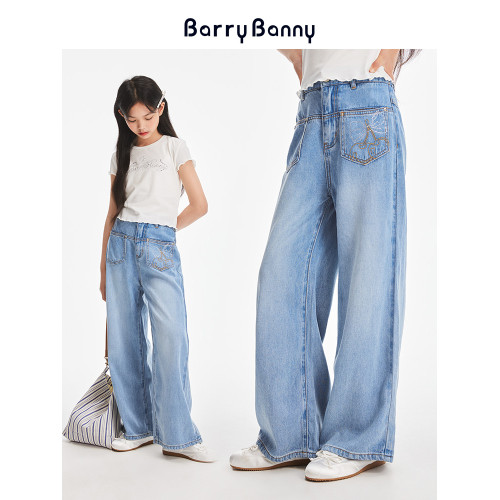 BarryBanny女童萊賽爾天絲牛仔褲2025秋季兒童垂感濶腿褲直筒褲