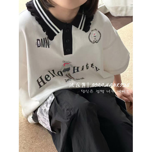波拉韓女童夏季短袖T恤2025新款兒童翻領POLO衫女孩洋氣休閒上衣