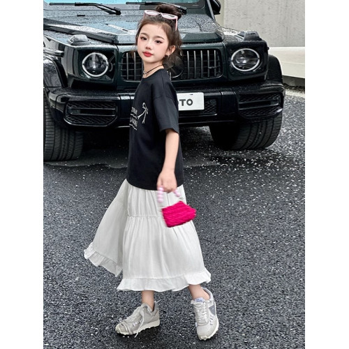 女童白色半身裙夏季套裝2025新款兒童蛋糕裙女大童超好看過膝長裙