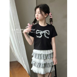 波拉韓夏季蝴蝶結短袖女童2025新款兒童圓領上衣小女孩時髦半袖t