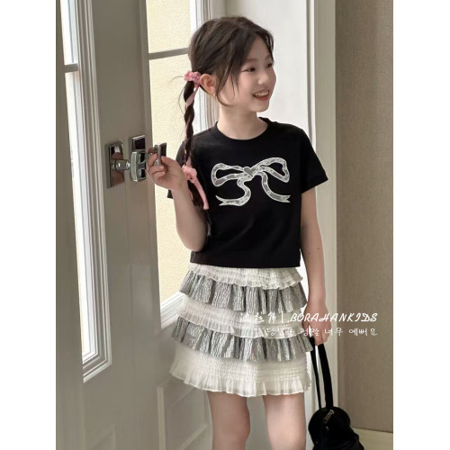 波拉韓夏季蝴蝶結短袖女童2025新款兒童圓領上衣小女孩時髦半袖t