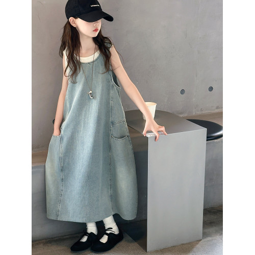 女童牛仔長裙夏季2025新款洋氣兒童無袖裙女孩公主裙女大童連衣裙
