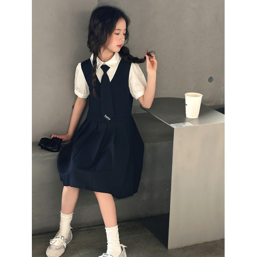 女童學院風連衣裙夏季大兒童舞蹈服百褶裙女孩夏裝韓系假兩件裙子