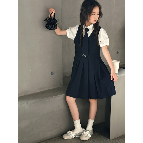 女童學院風連衣裙夏季大兒童舞蹈服百褶裙女孩夏裝韓系假兩件裙子