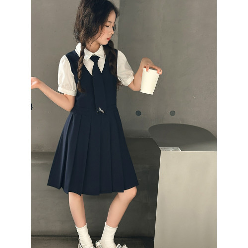 女童學院風連衣裙夏季大兒童舞蹈服百褶裙女孩夏裝韓系假兩件裙子