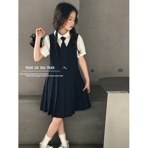 女童學院風連衣裙夏季大兒童舞蹈服百褶裙女孩夏裝韓系假兩件裙子