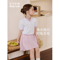 Little Naive女童時髦半身裙夏新款甜美百褶半裙兒童光澤公主裙褲