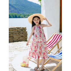 野柿童裝【仲夏假日】女童掛脖碎花連衣裙夏季新款兒童度假風裙子