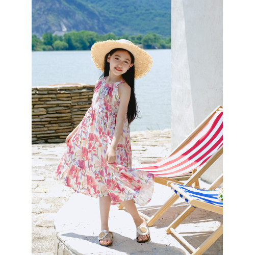 野柿童裝【仲夏假日】女童掛脖碎花連衣裙夏季新款兒童度假風裙子