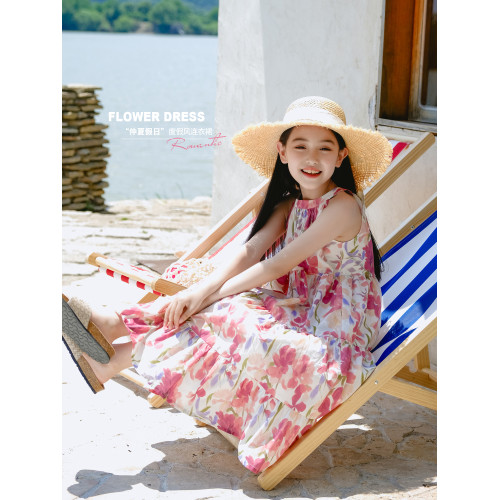 野柿童裝【仲夏假日】女童掛脖碎花連衣裙夏季新款兒童度假風裙子