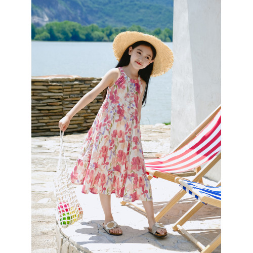 野柿童裝【仲夏假日】女童掛脖碎花連衣裙夏季新款兒童度假風裙子
